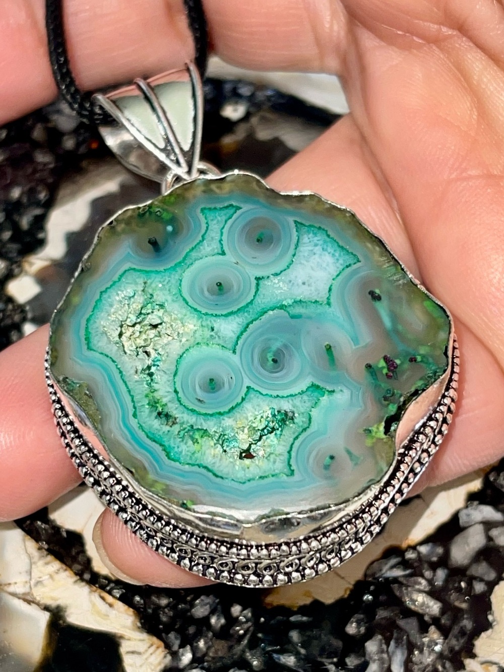 Teal Green Drusy Quartz Geode Pendant 2 1/2”